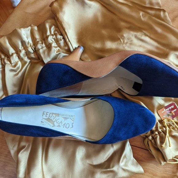 Ferragamo vintage collection shoes size 9.5, navy suede with tan leather trim.